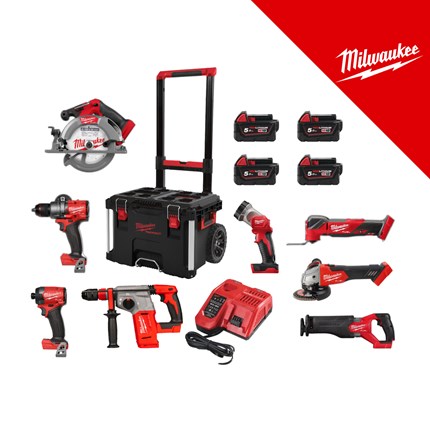 MILWAUKEE V.K. SUPER SET POWERPACK 8 M18FPD3, M18FID3, M18FSAG125X, M18FCS552, M18FSZ, M18BMT, M18BLHX, M18TLED, 4x5h bat, M12-18FC punjač i PACKOUT kolica