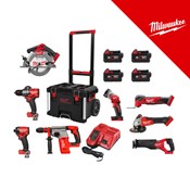 MILWAUKEE V.K. SUPER SET POWERPACK 8 M18FPD3, M18FID3, M18FSAG125X, M18FCS552, M18FSZ, M18BMT, M18BLHX, M18TLED, 4x5h bat, M12-18FC punjač i PACKOUT kolica